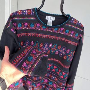 VTG Blast 90s Bold Graphic Floral Sweatshirt Black Multicolor Taiwan XL